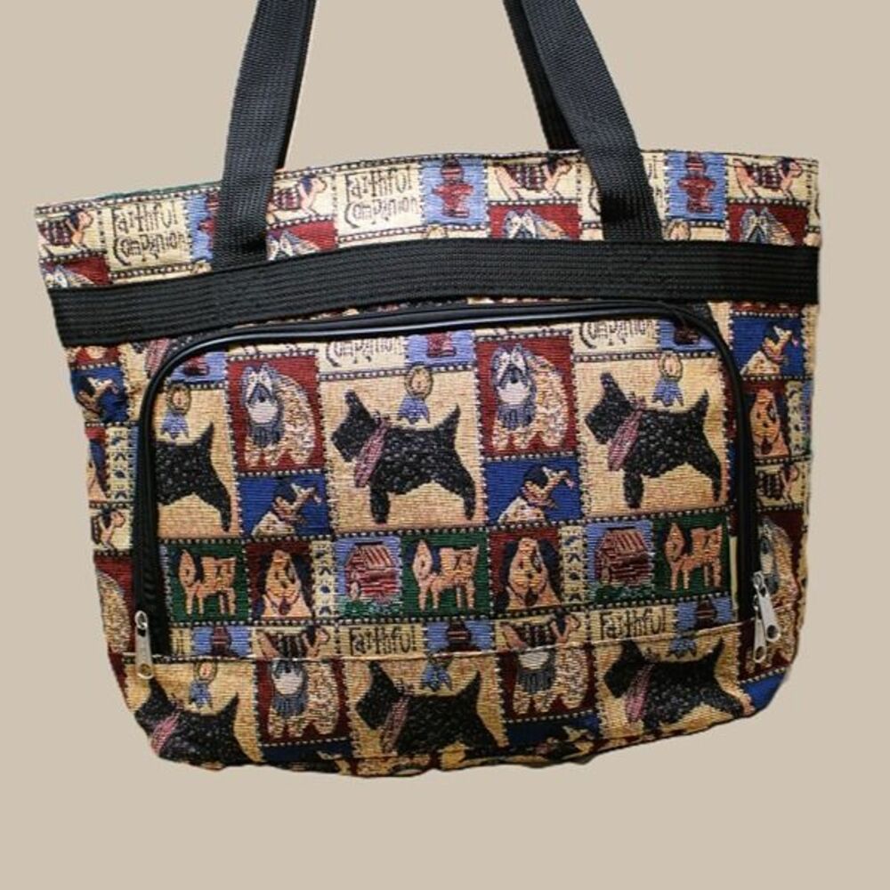 VTG Bovano USA Faithful Companion Dog Print Tapestry Shoulder Tote Bag Like New!